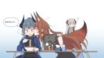  3girls animal_ears arknights blue_hair bowl brown_hair cheek_kiss chinese_text chopsticks food fox_ears franka_(arknights) heart highres horns id_card kiss liskarm_(arknights) multiple_girls noodles orange_eyes plate red_eyes saria_(arknights) spoken_heart tail translated walk_alone yuri 