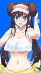  1girl bangs bare_shoulders bikini_top blue_eyes blue_sky blush bracelet breasts bright_pupils brown_hair collarbone commentary_request double_bun eyebrows_visible_through_hair hair_between_eyes jewelry long_hair medium_breasts mei_(pokemon) midriff navel ooshio7734 partially_submerged pokemon pokemon_(game) pokemon_masters sky solo twintails very_long_hair visor_cap water wet white_bikini_top white_pupils 