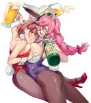  2girls alcohol animal_ears ass bare_shoulders beer_mug blush bottle bow breast_grab breast_press breasts bunny_tail bunnysuit copyright_request cup fake_animal_ears fingernails glasses grabbing green_eyes hair_between_eyes hair_bow high_heels highres holding holding_bottle holding_cup holding_plate large_breasts long_hair mug multiple_girls nonco ok_sign open_mouth plate purple_bow purple_ribbon rabbit_ears red-framed_eyewear red_eyes red_footwear red_ribbon ribbon shiny shiny_skin short_hair simple_background smile spilling sweat symmetrical_docking tail teeth tongue white_background 