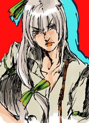  1girl araki_hirohiko_(style) bow closed_mouth drop_shadow eyebrows_visible_through_hair fujiwara_no_mokou green_bow grey_hair hair_bow highres looking_at_viewer nameo_(judgemasterkou) red_background red_eyes shirt solo touhou upper_body white_hair 