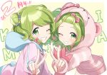  2girls bangs bangs_pinned_back bear_hood bear_tail bow braid double_bun drawstring dual_persona green_eyes green_hair grin hair_bow highres hood hood_down hood_up hoodie long_sleeves looking_at_viewer morinaka_kazaki multiple_girls nijisanji one_eye_closed outline pink_bow pink_hoodie polka_dot polka_dot_bow shorts side_braid smile tail v white_outline yellow_background yuama_(drop) 