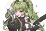  1girl ? bamyamsj bangs black_gloves black_jacket black_neckwear breasts brown_eyes calico_m950 commentary_request dual_wielding eyebrows_visible_through_hair fingerless_gloves girls_frontline gloves green_hair gun hair_between_eyes headgear headset holding holding_gun holding_weapon jacket korean_commentary long_hair long_sleeves m950a_(girls_frontline) medium_breasts open_clothes open_jacket shirt simple_background solo submachine_gun twintails upper_body weapon white_background white_shirt 