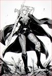  1girl arm_up armor arrow black_shorts byleth_(fire_emblem) byleth_eisner_(female) dagger fire_emblem fire_emblem:_three_houses greyscale high_heels highres holding holding_sword holding_weapon medium_hair mizuno_(iori-amu) monochrome navel_cutout pantyhose parted_lips sheath sheathed short_shorts shorts solo sword weapon 