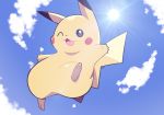  :3 ^_^ artsy-rc blue_sky closed_eyes clouds cloudy_sky commentary english_commentary from_below full_body gen_1_pokemon highres jumping lens_flare looking_at_viewer no_humans one_eye_closed outdoors pikachu pokemon pokemon_(creature) signature sky smile solo sun 