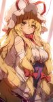  1girl bangs bare_shoulders blonde_hair bow bowtie breasts brown_eyes commentary_request hair_between_eyes hair_bow hat hat_ribbon highres long_hair looking_at_viewer medium_breasts mob_cap piyokichi red_bow red_neckwear red_ribbon revision ribbon solo touhou upper_body very_long_hair white_headwear yakumo_yukari 