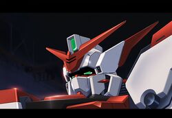  akatsuki_gundam g.yamamoto green_eyes gundam gundam_seed highres looking_ahead looking_up m1_astray mecha mobile_suit redesign science_fiction solo upper_body v-fin 