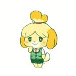  1girl animal animal_crossing animal_ears ayu_(mog) bell blonde_hair blush_stickers bright_pupils closed_mouth cute dog_ears dog_girl doubutsu_no_mori full_body green_sweater green_vest hair_bell hair_ornament hand_up isabelle_(animal_crosing) jingle_bell looking_at_viewer mammal neck_ribbon nintendo nintendo_ead no_humans pencil_skirt red_neckwear red_ribbon ribbon shizue_(doubutsu_no_mori) signature simple_background skirt smile solo standing sweater topknot vest white_background 