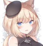  1girl animal_ear_fluff animal_ears ayuanlv bare_shoulders black_dress black_headwear blonde_hair blue_eyes breasts cat_ears cat_girl cat_tail dress facial_mark fang final_fantasy final_fantasy_xiv looking_at_viewer medium_breasts miqo&#039;te open_mouth profile short_hair sleeveless sleeveless_dress slit_pupils smile solo tail tilted_headwear 