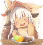  1other androgynous animal_ears artist_name blush bowl eyebrows_visible_through_hair fangs furry holding holding_spoon looking_at_viewer made_in_abyss mozukun43 nanachi_(made_in_abyss) open_mouth short_hair spoon translation_request twitter_username upper_body upper_teeth whiskers white_hair 