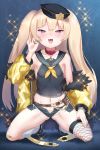  +_+ 1girl absurdres anchor azur_lane bache_(azur_lane) bandaid bandaid_on_knee bare_shoulders black_headwear blonde_hair breasts chain clothes_writing collar collarbone eyebrows_visible_through_hair fishnet_legwear fishnets fur-trimmed_jacket fur_trim furrowed_eyebrows groin hand_up hat highres jacket long_hair loose_socks micro_shorts navel neckerchief off-shoulder_jacket ok_sign open_clothes open_fly open_jacket pink_collar sailor_collar shorts single_thighhigh sleeveless small_breasts socks solo thigh-highs two_side_up unizou very_long_hair violet_eyes white_legwear yellow_jacket yellow_neckwear 