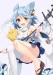  1girl :3 :d agung_syaeful_anwar animal_ears armpits azur_lane bare_shoulders bell bird blue_hair blue_skirt breasts chick commentary convenient_leg crop_top detached_sleeves fang fox_tail fubuki_(azur_lane) hair_ornament holding jingle_bell long_sleeves looking_at_viewer manjuu_(azur_lane) mast medium_breasts midriff miniskirt open_mouth platform_footwear scarf shide shirt short_hair simple_background single_thighhigh skindentation skirt smile solo tail thigh-highs thighs white_background white_legwear white_shirt wide_sleeves yellow_eyes zouri 