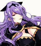  1girl breasts camilla_(fire_emblem) fire_emblem fire_emblem_fates hair_over_one_eye large_breasts long_hair naho_(pi988y) parted_lips purple_hair simple_background solo tiara twitter_username upper_body violet_eyes white_background 