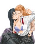  2girls black_hair bra braid breasts brown_hair closed_eyes flowerchild_ueda french_braid glasses hand_in_another&#039;s_hair hand_on_another&#039;s_chin hand_on_another&#039;s_hip highres hug hug_from_behind kaburagi_aya kiss kurosaki_sei long_hair multiple_girls neck_kiss official_art school_uniform simple_background sitting sweater underwear undressing warikitta_kankei_desu_kara yuri 