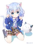  1girl animal_ears bangs black_legwear blue_eyes blue_hair blue_jacket cat_ears cat_tail clockwork_rabbit commentary drawstring frown full_body gochuumon_wa_usagi_desu_ka? hair_ornament hands_up jacket kemonomimi_mode looking_at_viewer mozukun43 no_shoes open_clothes open_jacket paw_pose plaid pleated_skirt shirt simple_background sitting skirt socks solo tail tippy_(gochiusa) twitter_username wariza white_background white_shirt x_hair_ornament 