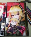  1girl armband blonde_hair gangbyeon girls_frontline gloves headgear heart holding jacket long_hair looking_at_viewer m4_sopmod_ii_(girls_frontline) multicolored_hair pencil photo redhead sidelocks signature streaked_hair traditional_media upper_body 