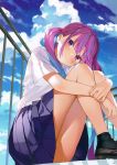  1girl absurdres ahoge bangs black_footwear black_legwear blue_hair blue_sky blush closed_mouth clouds cloudy_sky day eyebrows_visible_through_hair highres hololive knees_up leg_hug long_hair looking_at_viewer matsui_hiroaki minato_aqua outdoors page_number pleated_skirt purple_hair scan shirt shoes sitting skirt sky smile socks t-shirt thighs tied_hair twintails violet_eyes virtual_youtuber white_shirt 