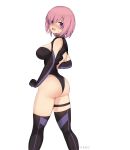  1girl absurdres ass back back_cutout bare_shoulders black_gloves black_legwear black_leotard blush breasts cleavage_cutout collar elbow_gloves fate/grand_order fate_(series) gloves hair_over_one_eye highleg highleg_leotard highres hioyami large_breasts lavender_hair leotard looking_at_viewer looking_back mash_kyrielight metal_collar open_mouth short_hair simple_background solo thigh-highs thighs violet_eyes 
