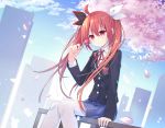  1girl absurdres black_jacket black_ribbon blazer blue_skirt blue_sky building cherry_blossoms cityscape clouds cloudy_sky commentary_request date_a_live day hair_between_eyes hair_ribbon highres holding_lollipop itsuka_kotori jacket long_hair looking_at_viewer miniskirt mo_(pixiv9929995) outdoors pantyhose pleated_skirt red_eyes redhead ribbon school_uniform shirt sitting_on_railing skirt sky skyscraper smile solo twintails very_long_hair white_legwear white_ribbon white_shirt 