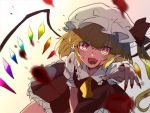  1girl blonde_hair blood blood_on_face blood_splatter commentary_request crystal fangs fingernails flandre_scarlet frills hat highres leaning_forward long_fingernails long_hair looking_at_viewer mob_cap open_mouth pointy_ears reaching_out red_eyes red_nails red_skirt red_vest satoupote shirt short_sleeves side_ponytail skirt smile solo touhou upper_body vest white_headwear white_shirt wings yellow_neckwear 