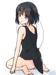  1girl :o alternate_costume bangs bare_arms bare_shoulders barefoot black_hair black_tank_top blue_eyes bottomless eyebrows_visible_through_hair from_behind highres kemono_friends looking_at_viewer looking_back shiraha_maru short_hair simple_background sitting solo tail western_parotia_(kemono_friends) white_background 