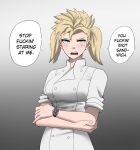  1girl blonde_hair blue_eyes blush breasts chef chef_uniform closed_mouth crossed_arms double-breasted english_text fingernails genderswap genderswap_(mtf) gordon_ramsay gradient gradient_background grey_background highres jourd4n looking_at_viewer medium_breasts open_mouth profanity real_life short_hair short_sleeves solo speech_bubble twintails upper_body watch watch 