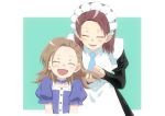 2girls :d anne_shelley blue_background blue_dress blush brown_hair closed_eyes comb dress error facing_viewer forehead_scar hair_brushing highres katarina_claes long_sleeves maid maid_headdress multiple_girls necktie open_mouth otome_game_no_hametsu_flag_shika_nai_akuyaku_reijou_ni_tensei_shite_shimatta puffy_short_sleeves puffy_sleeves scar short_hair short_sleeves smile standing ti_boi