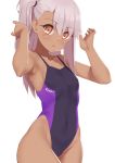  1girl bangs black_swimsuit breasts chloe_von_einzbern collarbone covered_navel dark_skin eyelashes fate/kaleid_liner_prisma_illya fate_(series) hair_between_eyes hands_up highleg highleg_swimsuit highres jilu long_hair looking_at_viewer one_side_up open_mouth orange_eyes pink_hair purple_swimsuit simple_background small_breasts solo swimsuit white_background 