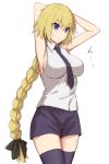  1girl armpits arms_behind_head arms_up bangs blonde_hair blush braid breasts closed_mouth collared_shirt elfenlied22 fate/apocrypha fate_(series) highres jeanne_d&#039;arc_(fate) jeanne_d&#039;arc_(fate)_(all) large_breasts long_braid long_hair necktie shirt simple_background single_braid skirt sleeveless sleeveless_shirt solo thigh-highs very_long_hair violet_eyes white_background white_shirt 