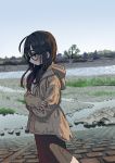  1girl absurdres bangs blush brown_hair brown_jacket closed_mouth crossed_arms day from_side glasses highres hood hood_down hooded_jacket huge_filesize jacket long_hair long_sleeves original outdoors profile river skirt sky solo water zinbei 