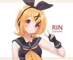  1girl bangs black_dress black_gloves black_ribbon black_sailor_collar blonde_hair breasts character_name dress fingerless_gloves gloves hair_ornament hair_ribbon hairclip hand_up kagamine_rin nail_polish neckerchief nuno_(pppompon) orange_nails orange_neckwear red_eyes ribbon sailor_collar sailor_dress sleeveless sleeveless_dress small_breasts solo swept_bangs treble_clef v vocaloid vocaloid_(sour-type_ver) white_background x_hair_ornament 