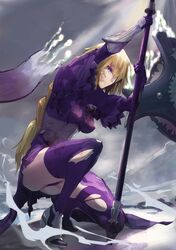  1girl armor armored_dress banner blonde_hair blue_eyes braid fate/grand_order fate_(series) flag gauntlets highres jeanne_d&#039;arc_(fate) jeanne_d&#039;arc_(fate)_(all) kikken long_hair plackart shield thigh-highs torn_clothes very_long_hair violet_eyes 