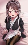  1girl :d black_legwear breasts brown_hair chigusa_minori hair_ornament highres large_breasts maid mimikaki nail_polish on_bed open_mouth original pantyhose red_eyes red_nails sitting smile solo thighs x_hair_ornament 