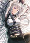  1girl ak-12_(girls_frontline) ammunition_pouch arms_up bangs bed_sheet black_pants breasts girls_frontline large_breasts long_hair long_sleeves lying mechanical_eye midriff multiple_straps on_back open_eyes open_mouth pants pouch sidelocks silence_girl silver_hair strap symbol-shaped_pupils tactical_clothes violet_eyes 