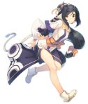  1girl ainu_clothes animal_ears arm_grab arms_behind_back bangs black_hair breasts brown_eyes brown_hair closed_mouth eyebrows_visible_through_hair full_body hair_ornament kuon_(utawareru_mono) long_hair long_sleeves looking_at_viewer low-tied_long_hair medium_breasts mitsumi_misato obi official_art sash shiny shiny_hair shoes simple_background smile solo tail tied_hair traditional_clothes utawareru_mono white_background wide_sleeves 