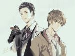  2boys black_gloves black_hair black_neckwear brown_hair cigar coat earrings formal fugou_keiji_balance:unlimited gloves highres jewelry kanbe_daisuke katou_haru looking_at_viewer male_focus multiple_boys necktie signature simple_background standing stud_earrings suit upper_body yinzinmiemie 