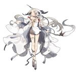  1girl animal_ears bird breasts crane_(animal) dress full_body highres holding holding_staff ibex long_legs red_eyes silver_hair small_breasts solo staff thigh_strap white_background white_dress 
