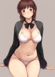  1girl amagami bangs bikini black_bow black_shirt blush bow breasts brown_eyes brown_hair commentary_request eyebrows_visible_through_hair grey_background invisible_chair large_breasts looking_at_viewer navel nozomi-y open_clothes open_shirt sakurai_rihoko shirt short_hair sitting solo sweatdrop swimsuit white_bikini 