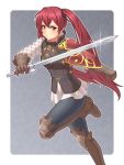  1girl blush boots brown_footwear brown_gloves fire_emblem fire_emblem_fates gloves holding holding_sword holding_weapon knee_boots pants pauldrons red_eyes redhead rere_(yusuke) selena_(fire_emblem) selena_(fire_emblem_fates) severa_(fire_emblem) sword twintails weapon 