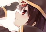  1girl adjusting_eyepatch aimh black_gloves black_headwear brown_hair close-up closed_mouth eyebrows_visible_through_hair eyepatch face fingerless_gloves gloves hat highres kono_subarashii_sekai_ni_shukufuku_wo! long_sleeves megumin profile red_eyes simple_background smile solo white_background witch_hat 