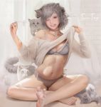  1girl animal_ears barefoot bra cat cat_ears cat_tail choker clothes_lift grey_eyes grey_hair indian_style navel needle off-shoulder_sweater off_shoulder original panties short_hair sitting solo sweater sweater_lift tail teemu_rasinkangas teeth thread underwear 