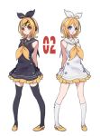  2girls bare_arms bare_shoulders black_dress black_legwear black_ribbon black_sailor_collar blonde_hair blue_eyes blush closed_mouth dress dual_persona frilled_dress frills hair_ornament hair_ribbon hairclip headphones kagamine_rin kneehighs loafers multiple_girls neckerchief nuno_(pppompon) orange_neckwear parted_lips red_eyes ribbon sailor_collar sailor_dress shoes simple_background sleeveless sleeveless_dress thigh-highs treble_clef vocaloid vocaloid_(sour-type_ver) white_background white_dress white_legwear white_ribbon white_sailor_collar x_hair_ornament yellow_footwear 