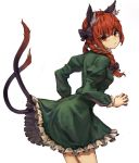  1girl animal_ear_fluff animal_ears black_bow bow braid breasts cat_ears cat_girl cat_tail closed_mouth commentary_request dress eyebrows_visible_through_hair frilled_dress frilled_sleeves frills from_behind green_dress hair_bow highres juliet_sleeves kaenbyou_rin long_hair long_sleeves looking_at_viewer looking_back multiple_tails puffy_sleeves red_eyes redhead simple_background small_breasts solo tail touhou twin_braids two_tails v-shaped_eyebrows white_background yanyan_(shinken_gomi) 