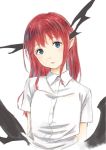  1girl :/ alternate_eye_color blue_eyes collared_shirt commentary_request dress_shirt expressionless head_tilt highres koakuma long_hair looking_at_viewer low_wings nagata_nagato pointy_ears redhead shirt short_sleeves sidelocks simple_background solo touhou white_background white_shirt wings 