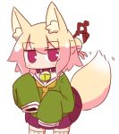  1girl animal_ear_fluff animal_ears bangs bell bell_collar blonde_hair blush brown_collar collar commentary_request eyebrows_visible_through_hair fox_ears fox_girl fox_tail green_shirt hair_between_eyes hair_bun hair_ornament jingle_bell kemomimi-chan_(naga_u) long_hair long_sleeves looking_at_viewer naga_u orange_neckwear original pleated_skirt purple_skirt red_eyes ribbon-trimmed_legwear ribbon_trim sailor_collar shirt simple_background skirt sleeves_past_fingers sleeves_past_wrists solo tail thigh-highs white_background white_legwear white_sailor_collar 