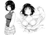  1girl asutora black_hair blush bra breasts closed_mouth collarbone copyright_request eyebrows_visible_through_hair greyscale large_breasts long_sleeves looking_at_viewer lying monochrome neckwear on_back plaid plaid_skirt ribbon shirt short_hair skirt smile solo underwear 