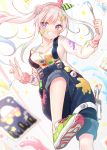  1girl :d airani_iofifteen bare_shoulders blurry breasts buttons depth_of_field grin hair_bun highres hololive long_sleeves open_mouth overalls paint_splatter paintbrush palette shoes smile sneakers solo violet_eyes virtual_youtuber white_hair yano_mitsuki 