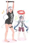  2girls alternate_costume antenna_hair bangs barefoot black_shirt black_shorts blue_hair blush breasts clothes_writing dark_skin enemy_lifebuoy_(kantai_collection) eyebrows_visible_through_hair flying_sweatdrops glasses grey_hair highres holding joy-con kantai_collection kiyoshimo_(kantai_collection) long_hair low_twintails multicolored_hair multiple_girls musashi_(kantai_collection) musical_note open_mouth ring-con ring_fit_adventure shadow shinkaisei-kan shirt short_sleeves shorts simple_background smile standing t-shirt toenail_polish twintails white_hair white_shirt yunamaro 