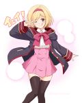  1girl alternate_costume artist_name bangs black_jacket black_legwear blonde_hair blush breasts brown_eyes character_request commentary_request cosplay djeeta_(granblue_fantasy) djeeta_(granblue_fantasy)_(cosplay) eyebrows_visible_through_hair felutiahime granblue_fantasy hair_ornament hairband highres jacket long_hair long_sleeves looking_at_viewer one_eye_closed pink_hairband princess_connect! princess_connect!_re:dive short_hair smile solo thigh-highs tongue tongue_out 