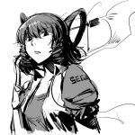  1girl character_request drill_hair eyebrows_visible_through_hair greyscale hair_ornament hairpin index_finger_raised jitome looking_at_viewer monochrome parted_lips puffy_short_sleeves puffy_sleeves ruukii_drift short_sleeves sketch solo touhou 
