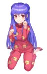  1girl bangs blush breasts china_dress chinese_clothes commentary_request double_bun dress eyebrows_visible_through_hair floral_print hair_ornament highres kneeling long_hair long_sleeves looking_at_viewer purple_hair ranma_1/2 red_dress red_eyes red_footwear seonrang shampoo_(ranma_1/2) simple_background smile solo white_background 